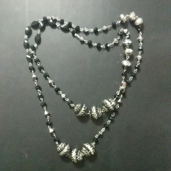 Silver Tone Black Beaded Rhinestone Long Strand Statement Necklace - Picture 1 of 4